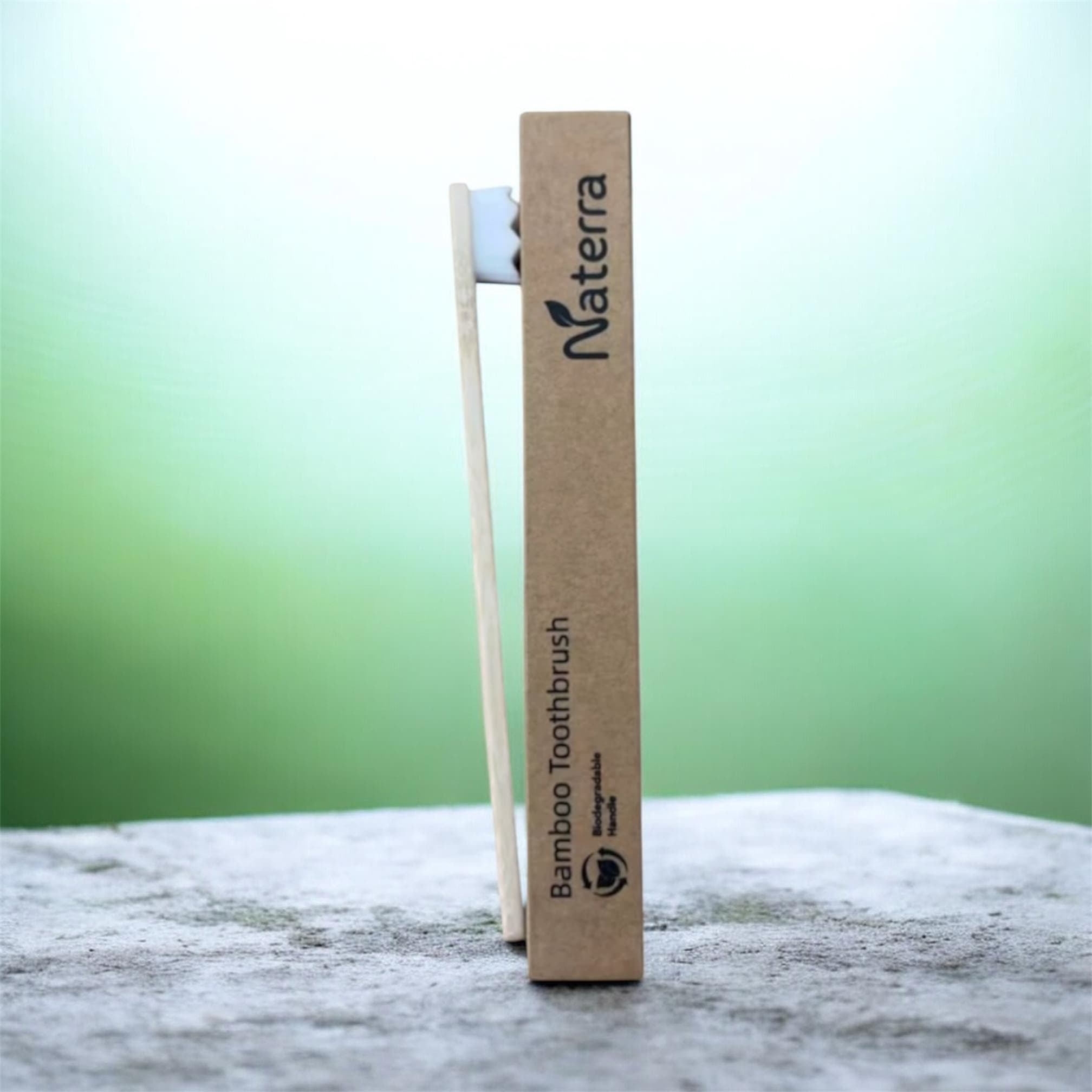 Naterra Bamboo Toothbrush with white bristles, standing on stone